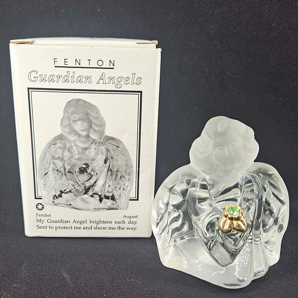 Vintage Fenton Art Glass Guardian Angel figurine green birthstone w sticker/box